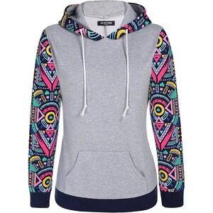 ACEVOG Womens Geometric Print Hoodie Gray Long Sleeve Casual Pullover Top Size L